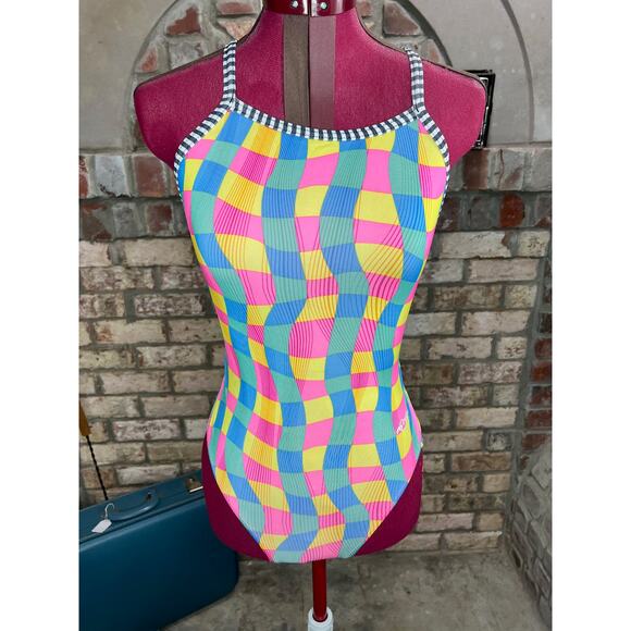 Dolphin swimsuit one piece waves yellow pink green blue - Picture 1 of 11